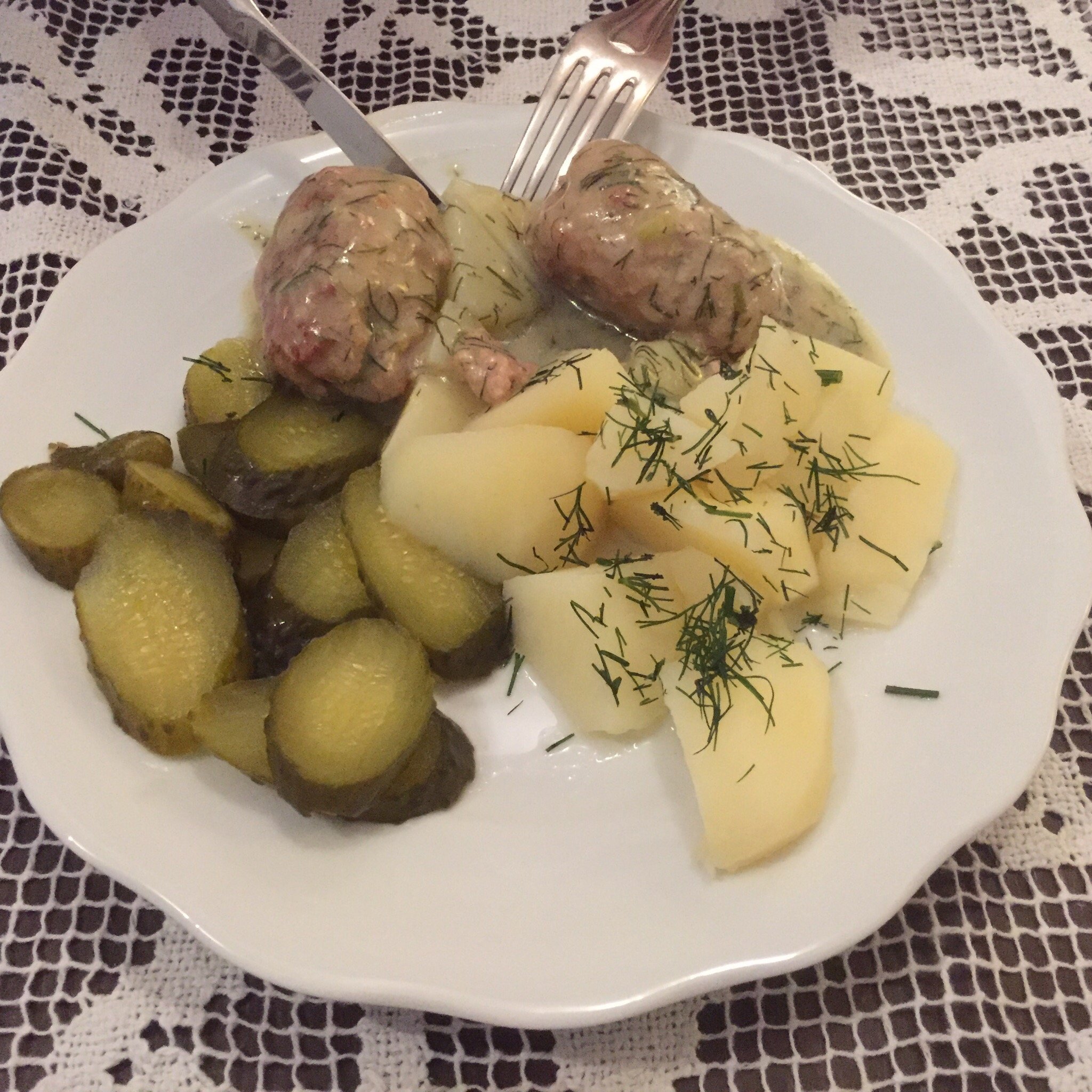 Lunch plate — meat, potatoes, pickles